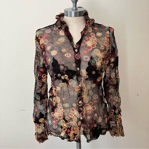 Women’s Sheer Mesh Y2K Blouse Floral Butterfly Stretchy Fairy Whimsygoth Sz. S